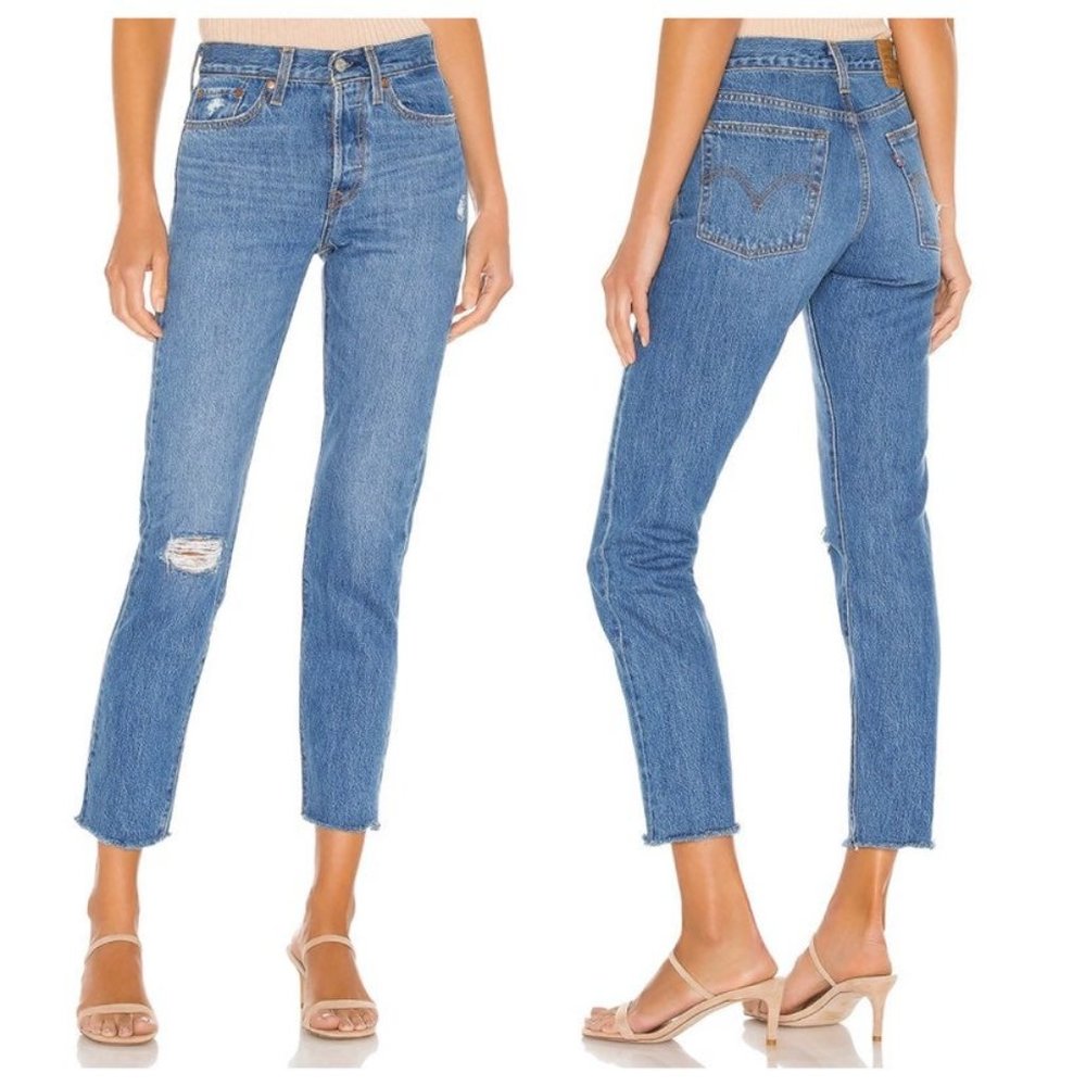 Levi's Premium Wedgie Icon Medium Wash Raw Hem Distressed Denim Jeans Women's 27